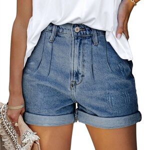 High-Waist Rolled Hem Denim Shorts - Blue